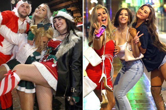 Drinkers in Santa and elf outfits brave icy weather to hit the bars for festive fun on last weekend before Christmas
